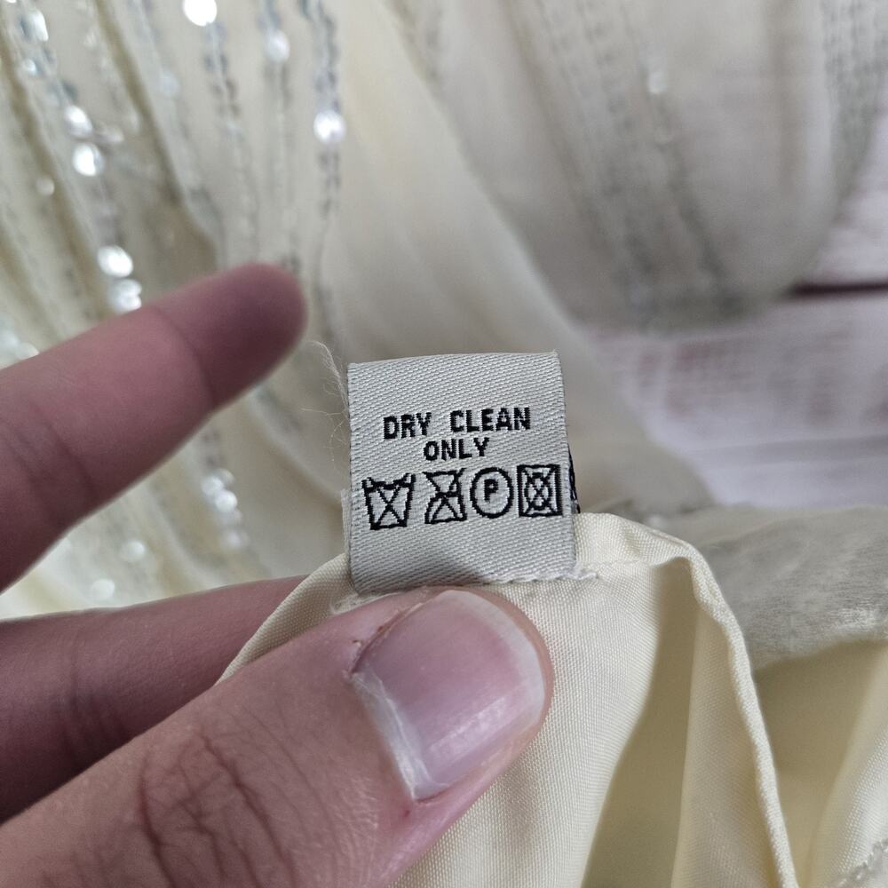 Carolina K Sequin Dress M Cream Cottagecore Sheer Sleeve Ruffle Tier Fairy Glam - Picture 9 of 15